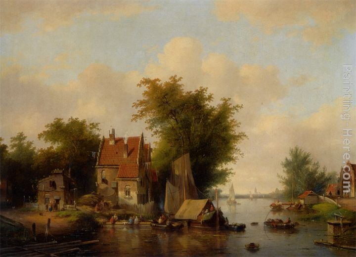 A river landscape with many figures by a village painting - Jacobus Van Der Stok A river landscape with many figures by a village art painting